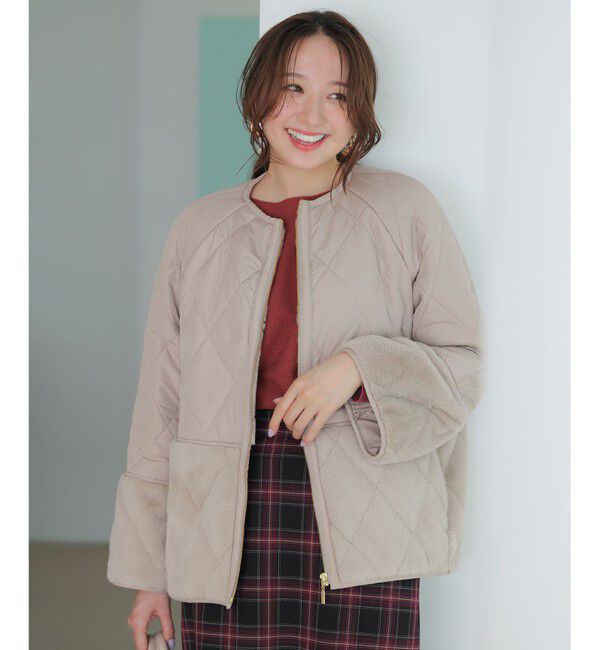 ANY SIS「フェイクファーコンビキルティング アウター」|テーラードジャケット|ベージュ