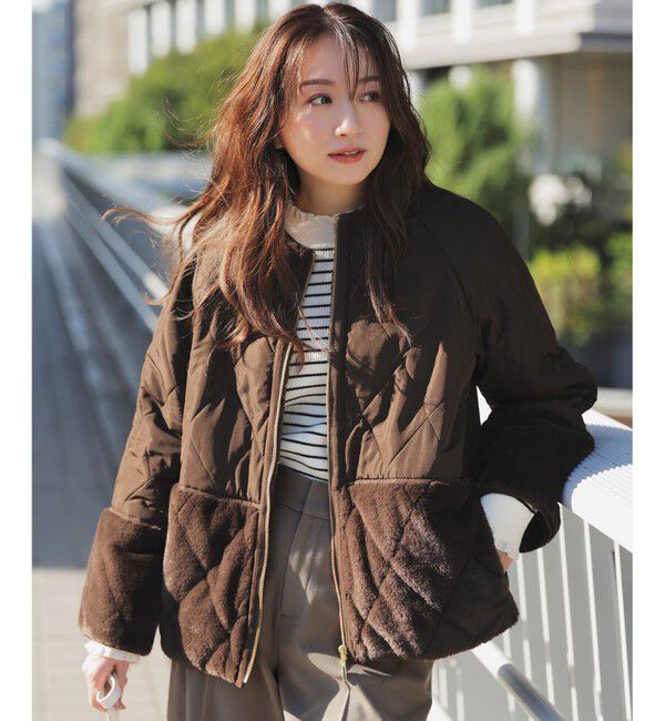 ANY SIS「フェイクファーコンビキルティング アウター」|テーラードジャケット|ブラウン