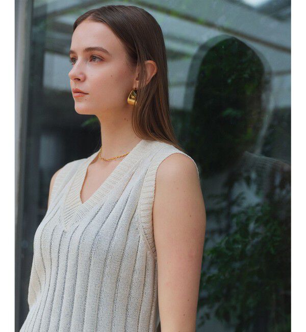 BEIGE,「OPTICAL /  ペーパーヤーン Vネックリブニット」|ニット・セーター|