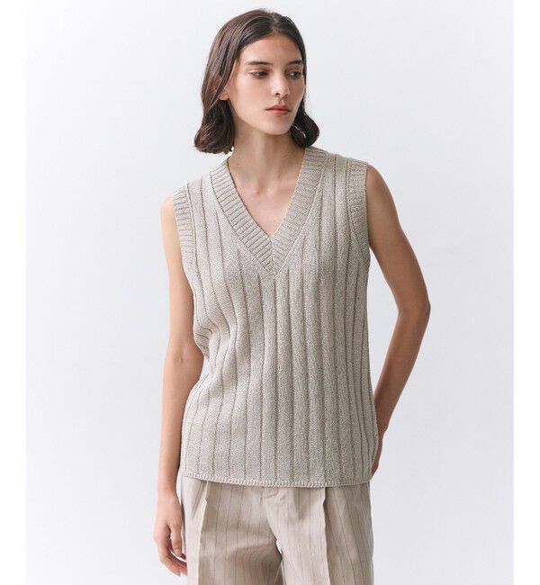 BEIGE,「OPTICAL /  ペーパーヤーン Vネックリブニット」|ニット・セーター|Flax