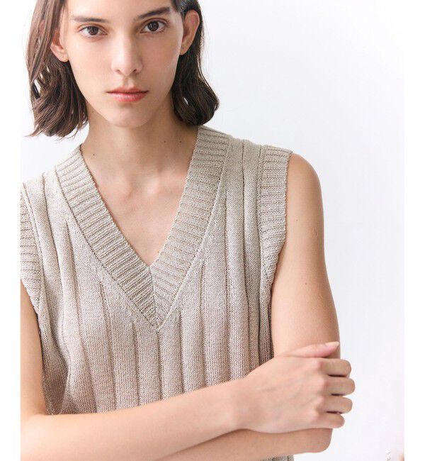 BEIGE,「OPTICAL /  ペーパーヤーン Vネックリブニット」|ニット・セーター|