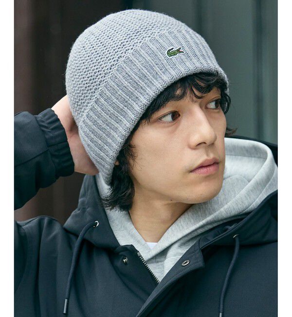 LACOSTE「ワンポイントウールニットキャップ」|ニット帽|グレー