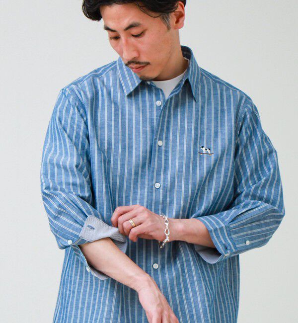 GLOSTER「【フレブル刺繍】七分袖シャツ ストライプ/無地」|シャツ・ブラウス|ブルー系その他