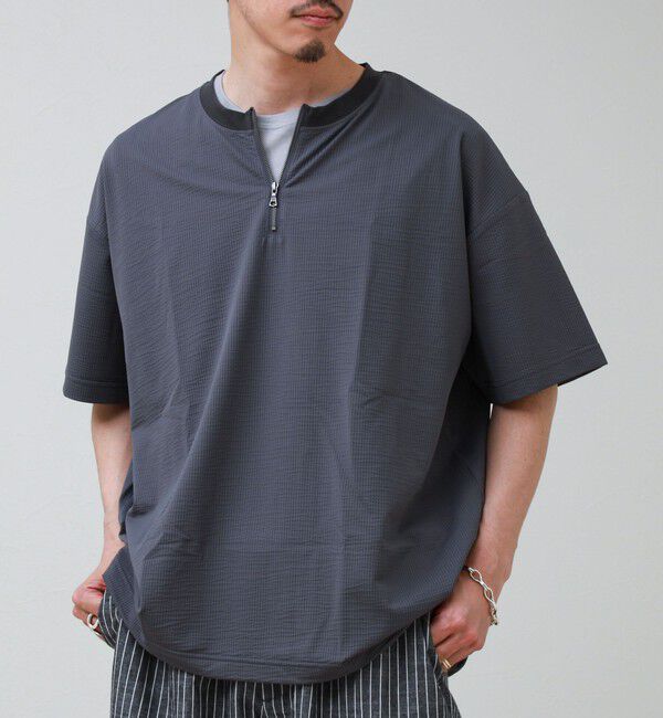 GLOSTER「カットサッカー ハーフジップTシャツ」|Tシャツ・カットソー|ミディアムグレー