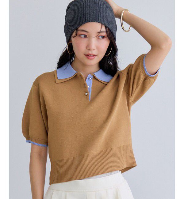 VIS「ダブルカラー半袖ポロニットトップス/イージーケア・WEB限定カラー」|ポロシャツ|キャメル(25)