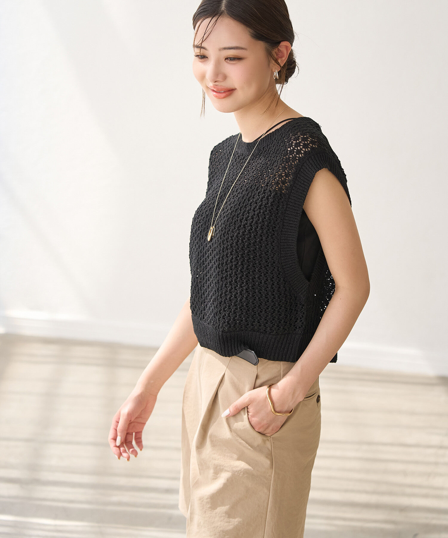 ROPE PICNIC PASSAGE「【ご好評につき追加生産・新色追加】透かし編みレイヤードベスト」|ベスト・ジレ|