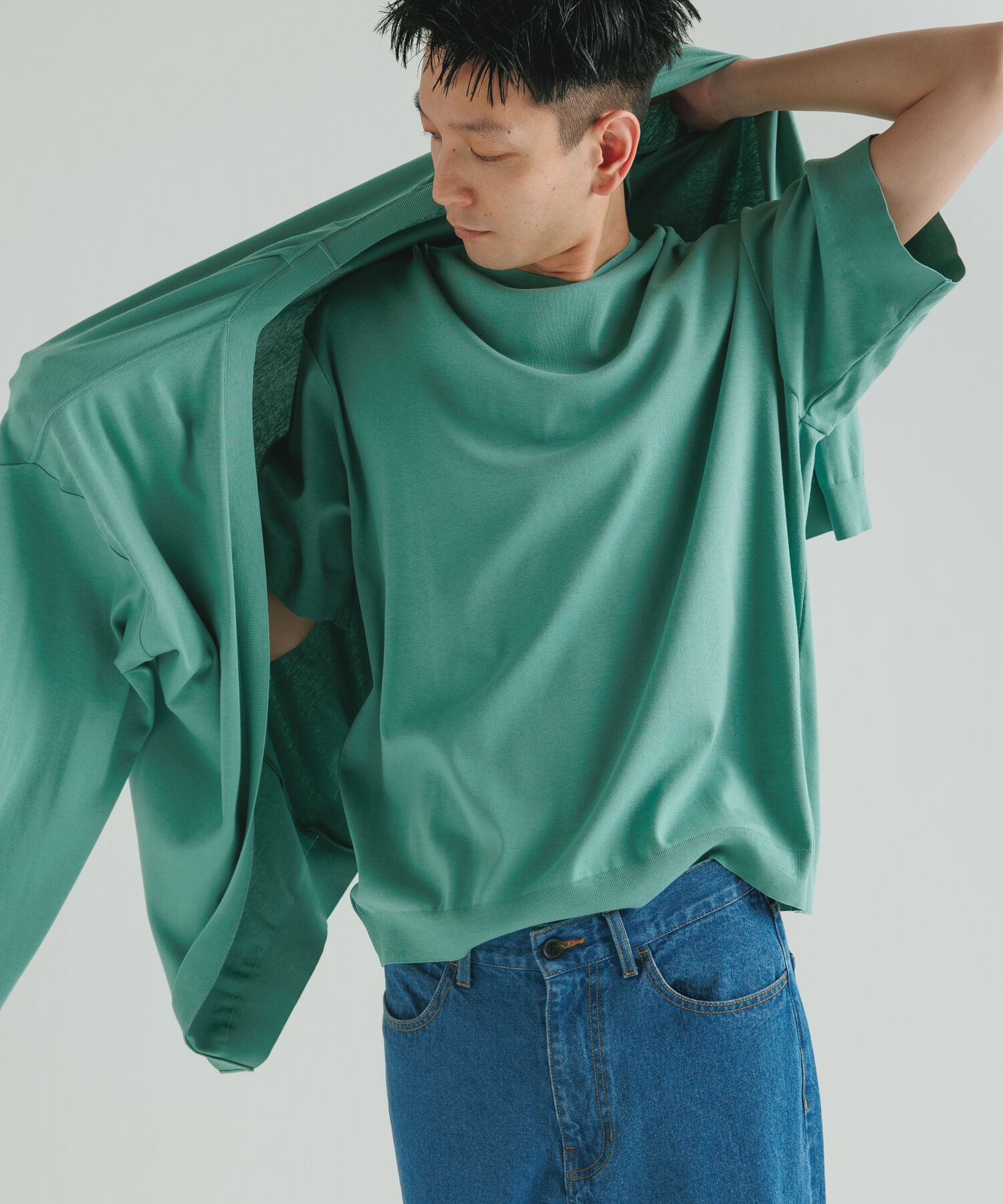 ADAM ET ROPE'「【2点セット】セーターマシーン カーディガン＆半袖T/アンサンブル」|カーディガン|ライトグリーン(33)