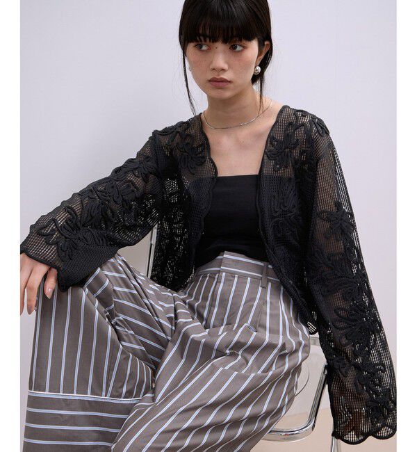 ADAM ET ROPE'「【WEB限定】メッシュエンブロイダリーカーディガン」|カーディガン|ブラック(01)