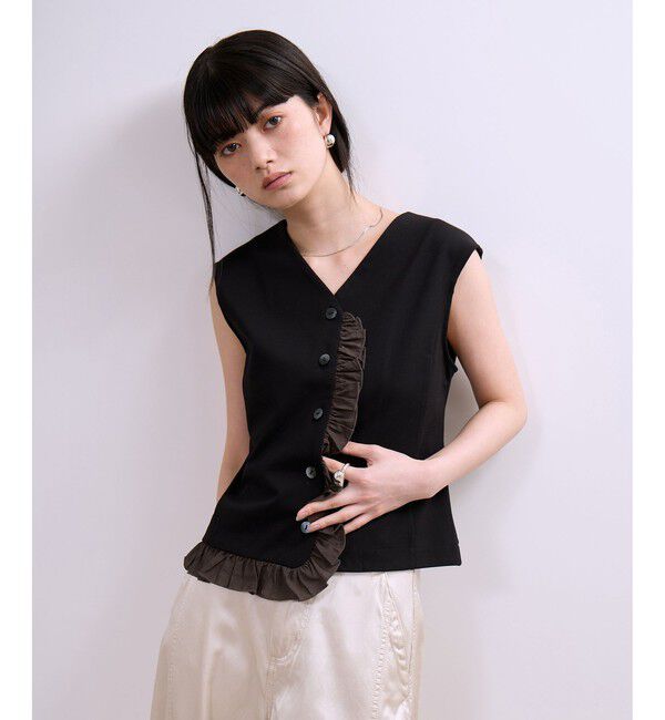 ADAM ET ROPE'「【WEB限定】・【定番】ラッフルコンビスリーブレストップス」|Tシャツ・カットソー|ブラック系(03)