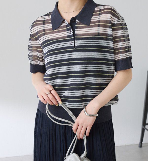  「シアーボーダーポロニット」|ニット・セーター|チャコールグレー