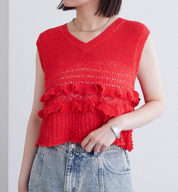  「フリルニットベスト」|ニット・セーター|レッド