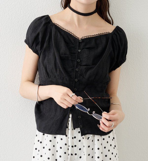  「キャップスリーブコットンレースブラウス」|シャツ・ブラウス|ブラック