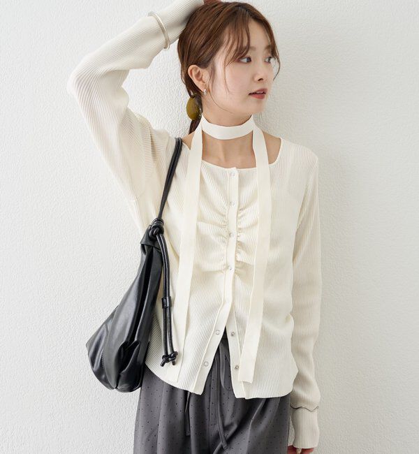 「タイ付きスクエアネックカーディガン」|カーディガン|
