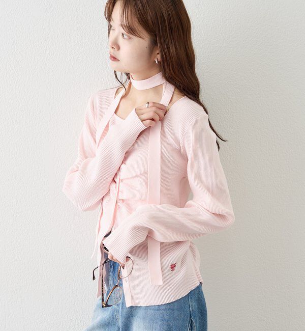  「タイ付きスクエアネックカーディガン」|カーディガン|