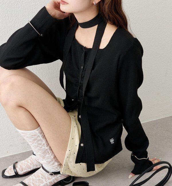  「タイ付きスクエアネックカーディガン」|カーディガン|ブラック