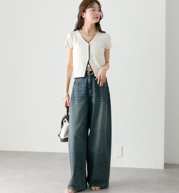  「レースライン半袖ニットカーディガン」|カーディガン|