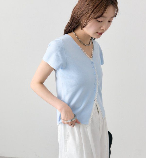  「レースライン半袖ニットカーディガン」|カーディガン|