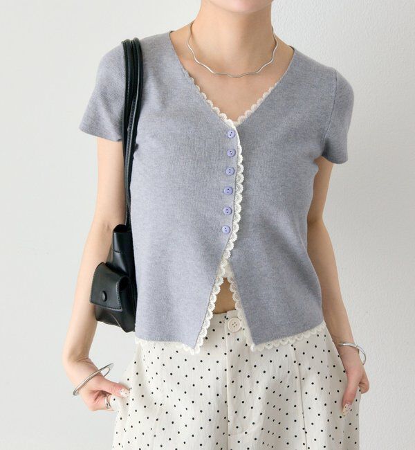  「レースライン半袖ニットカーディガン」|カーディガン|