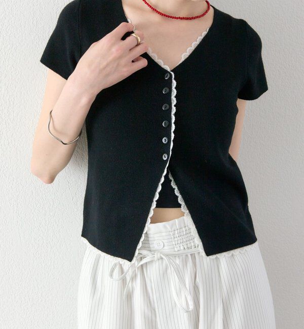  「レースライン半袖ニットカーディガン」|カーディガン|