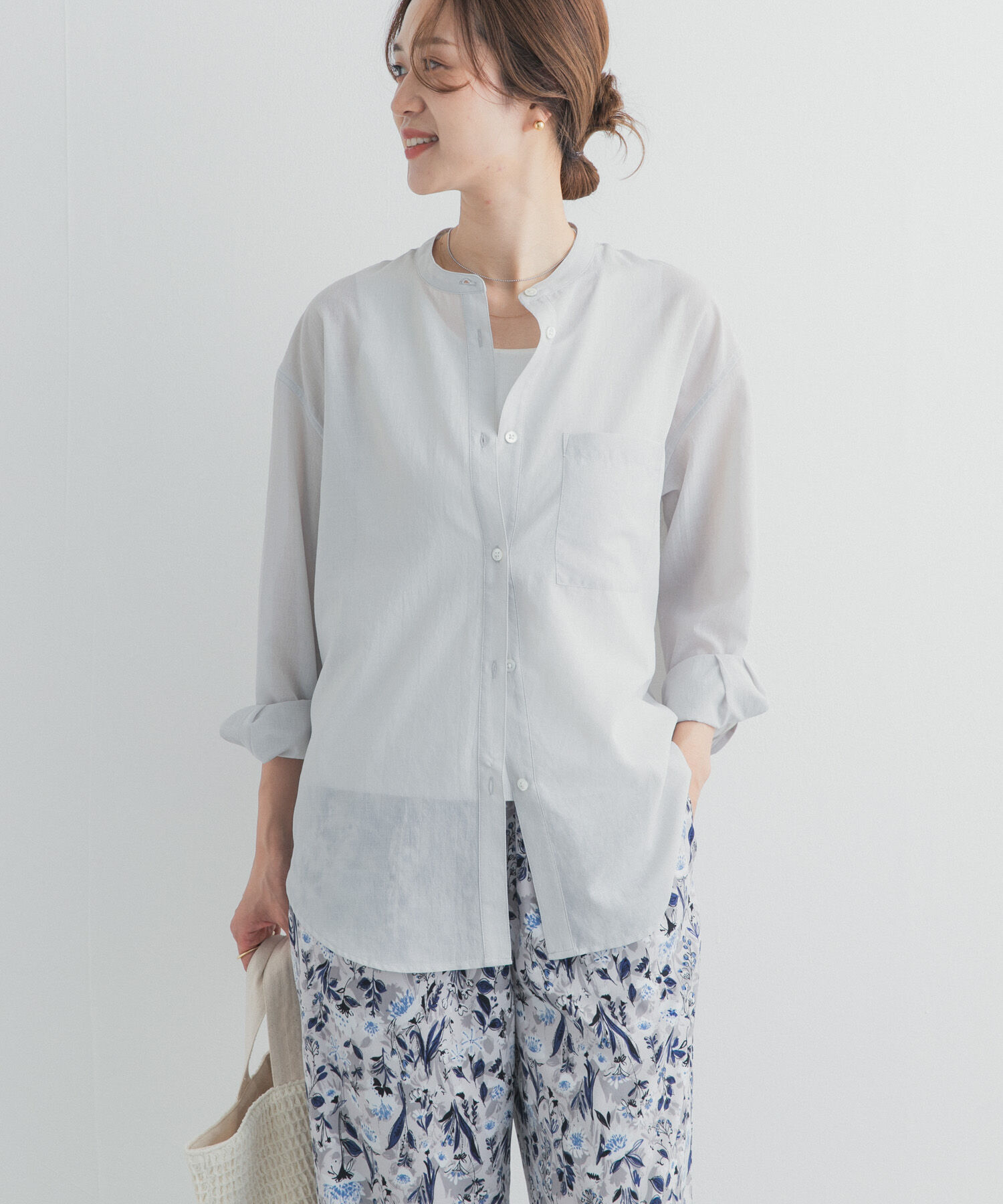 URBAN RESEARCH DOORS「『UR TECH』バンドカラーシャツ」|シャツ・ブラウス|ライトグレー