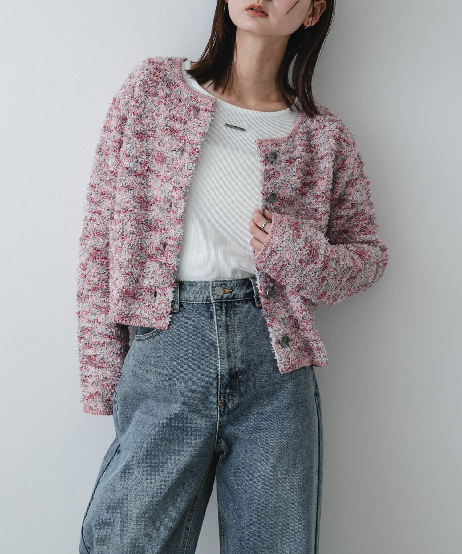 SENSE OF PLACE by URBAN RESEARCH「『洗濯可』ミックスツイードカーディガン」|カーディガン|ピンク