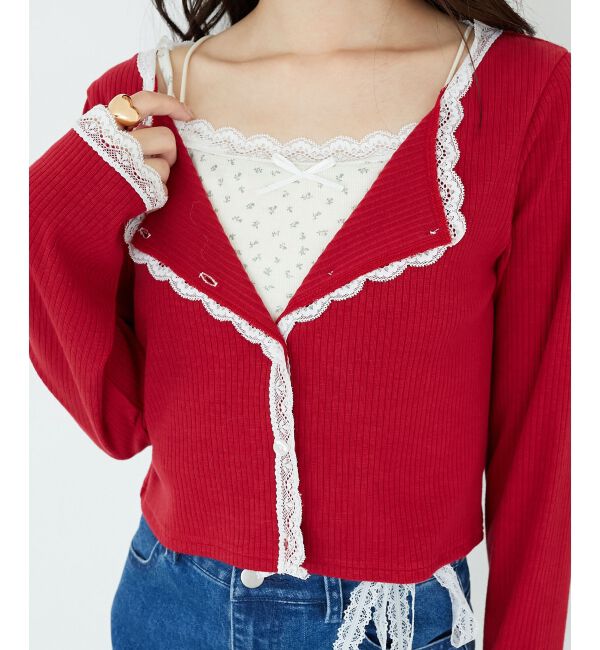  「レース使いキャミカーデセット」|カーディガン|レッド柄
