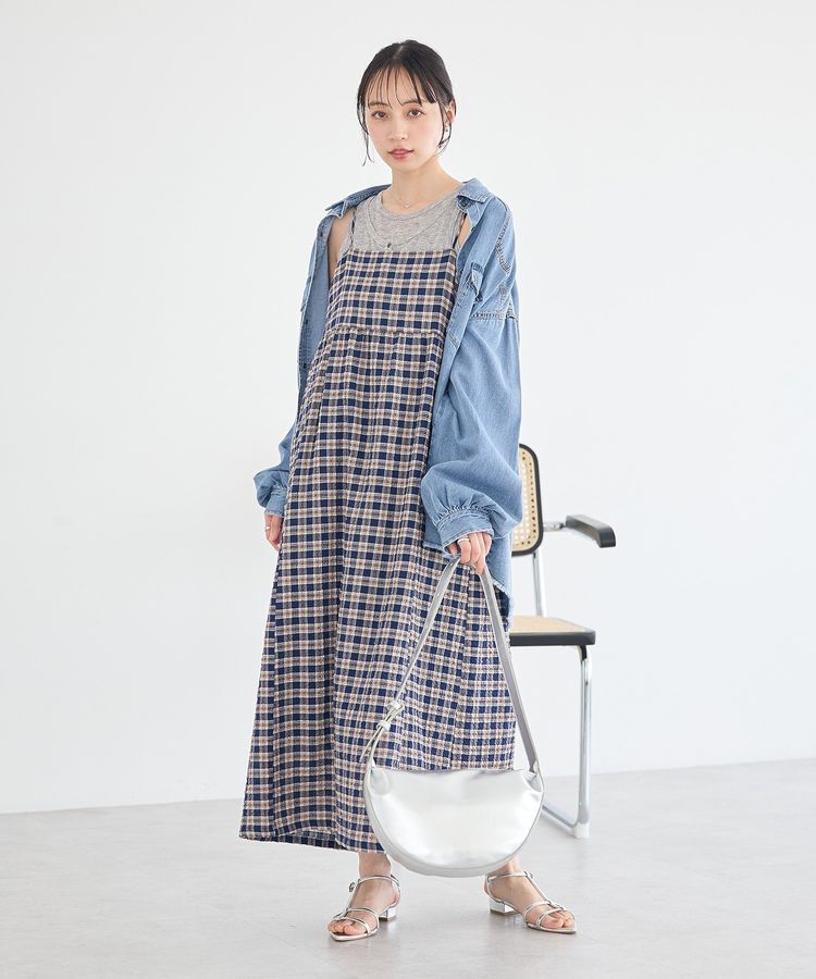 earth music&ecology「シャーリングラメチェックキャミワンピース」|ワンピース|