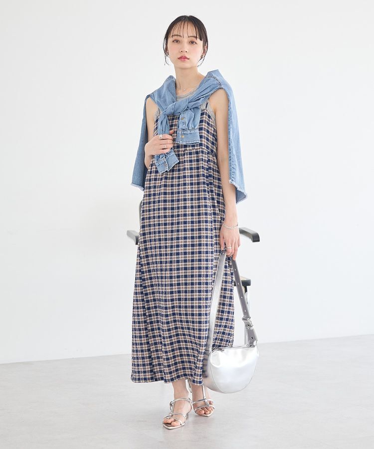 earth music&ecology「シャーリングラメチェックキャミワンピース」|ワンピース|