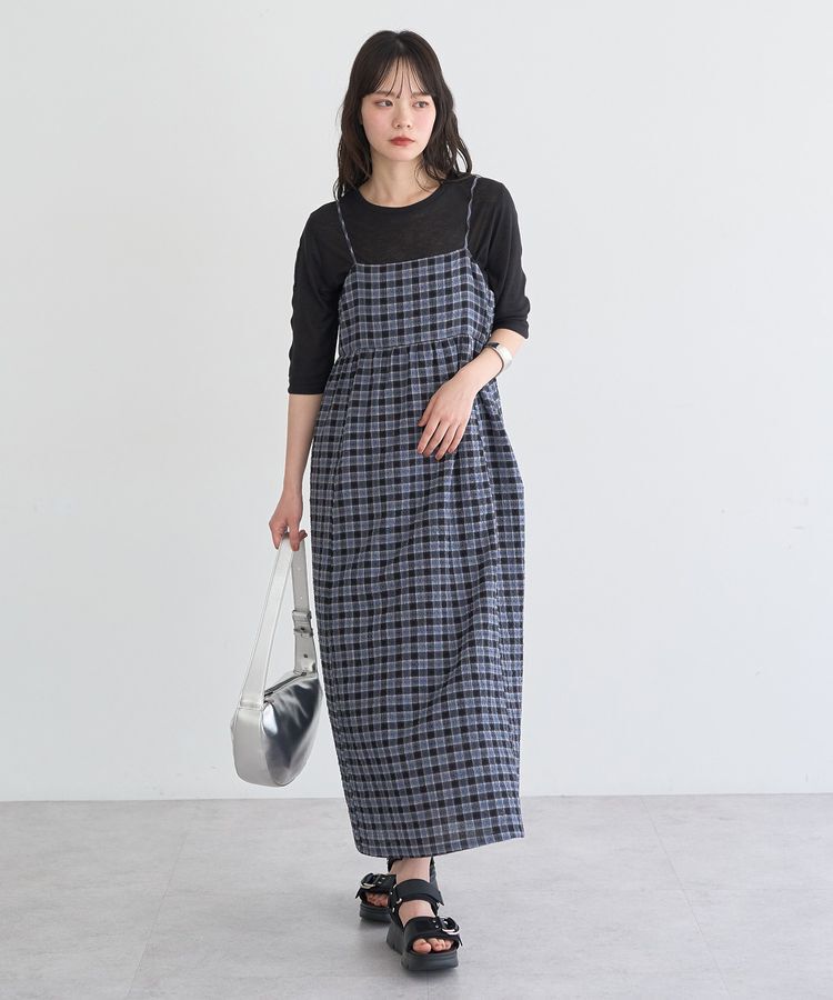 earth music&ecology「シャーリングラメチェックキャミワンピース」|ワンピース|
