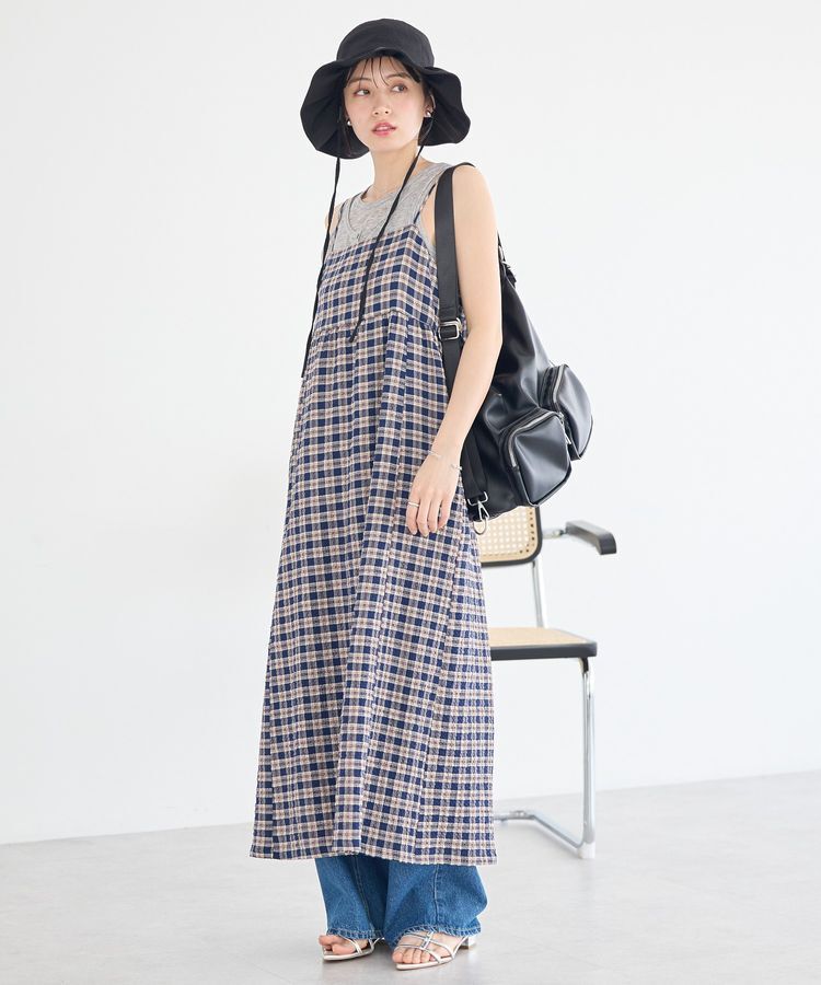 earth music&ecology「シャーリングラメチェックキャミワンピース」|ワンピース|
