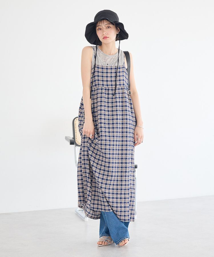 earth music&ecology「シャーリングラメチェックキャミワンピース」|ワンピース|