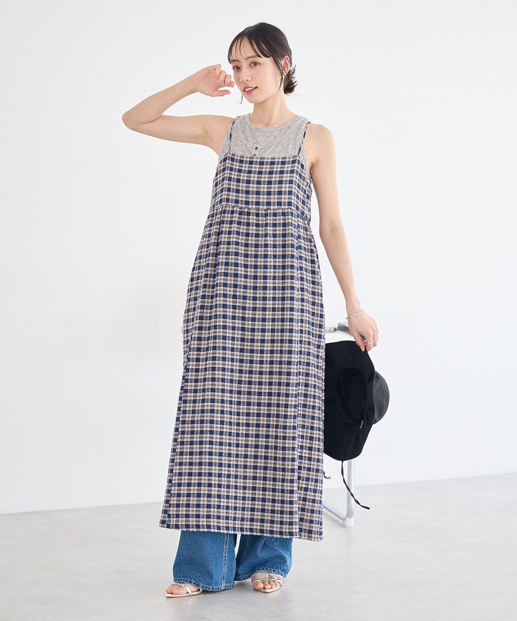 earth music&ecology「シャーリングラメチェックキャミワンピース」|ワンピース|