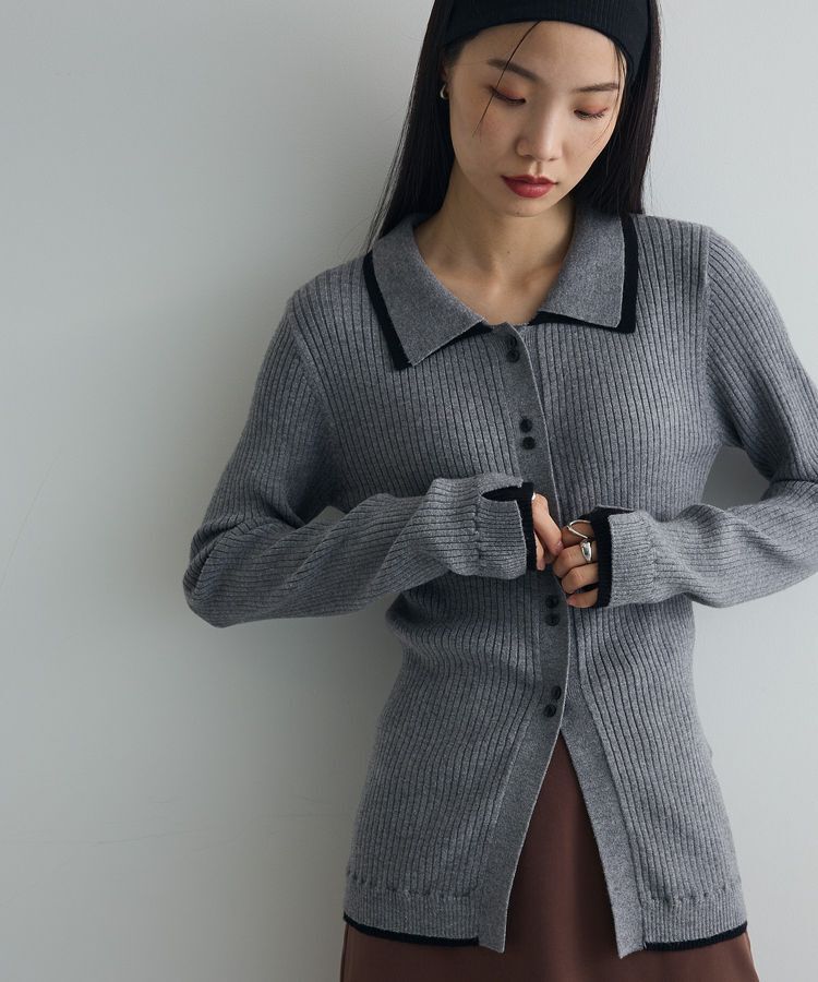 AnriettMusee「配色レイヤードポロリブニットカーディガン」|ニット・セーター|