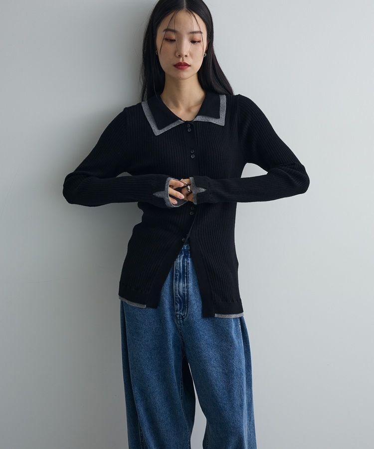 AnriettMusee「配色レイヤードポロリブニットカーディガン」|ニット・セーター|