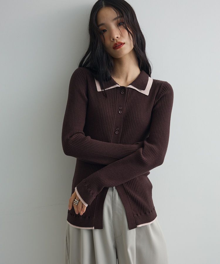 AnriettMusee「配色レイヤードポロリブニットカーディガン」|ニット・セーター|