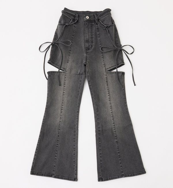  「【SMサイズ展開あり】サイドスリットフレアリボンデニムパンツ」|その他|ブラック