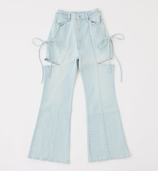  「【SMサイズ展開あり】サイドスリットフレアリボンデニムパンツ」|その他|サックスブルー