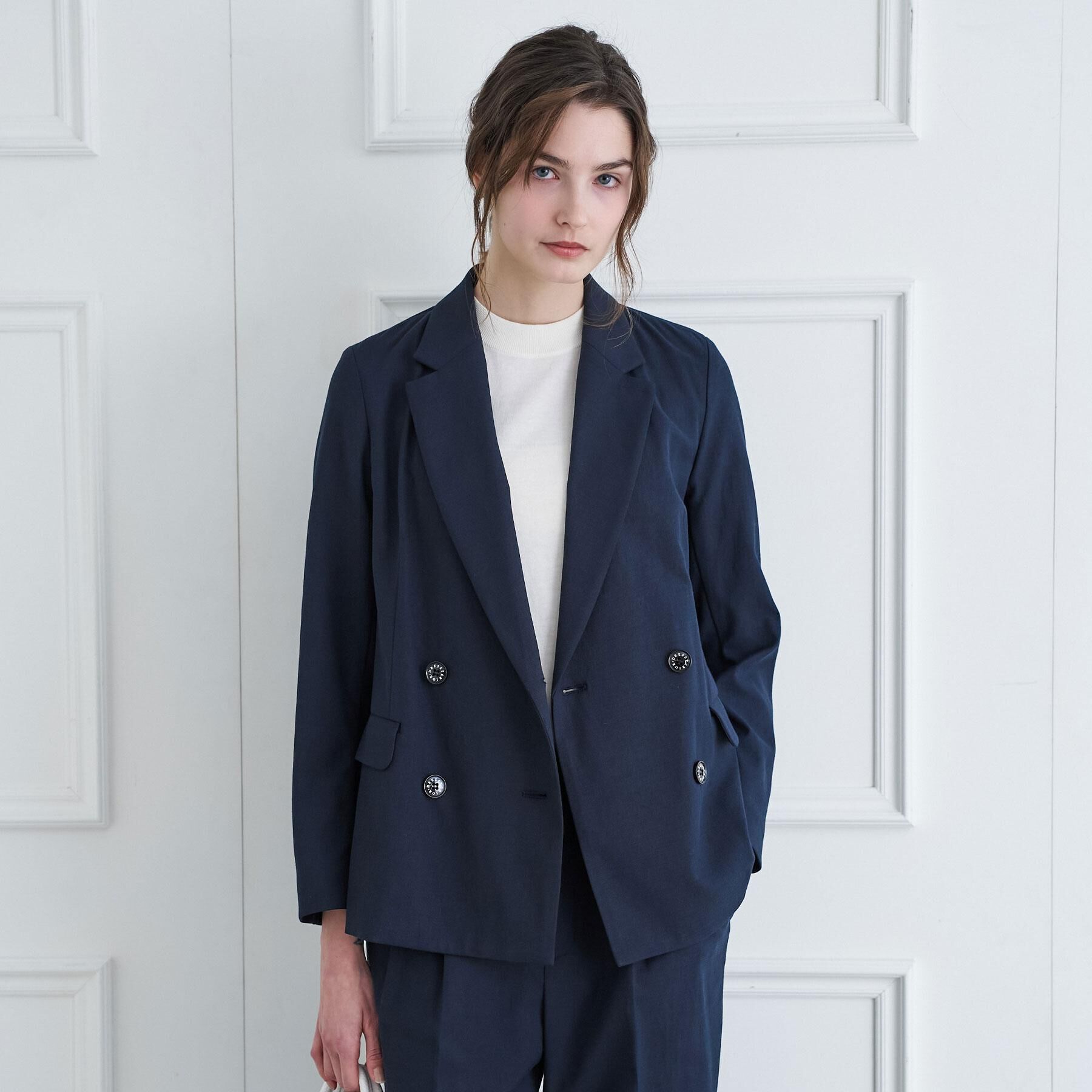 DRESSTERIOR「【セットアップ/可吸水速乾/ウォッシャブル】リネンブレンドオックスダブルジャケット」|テーラードジャケット|ネイビー(094)