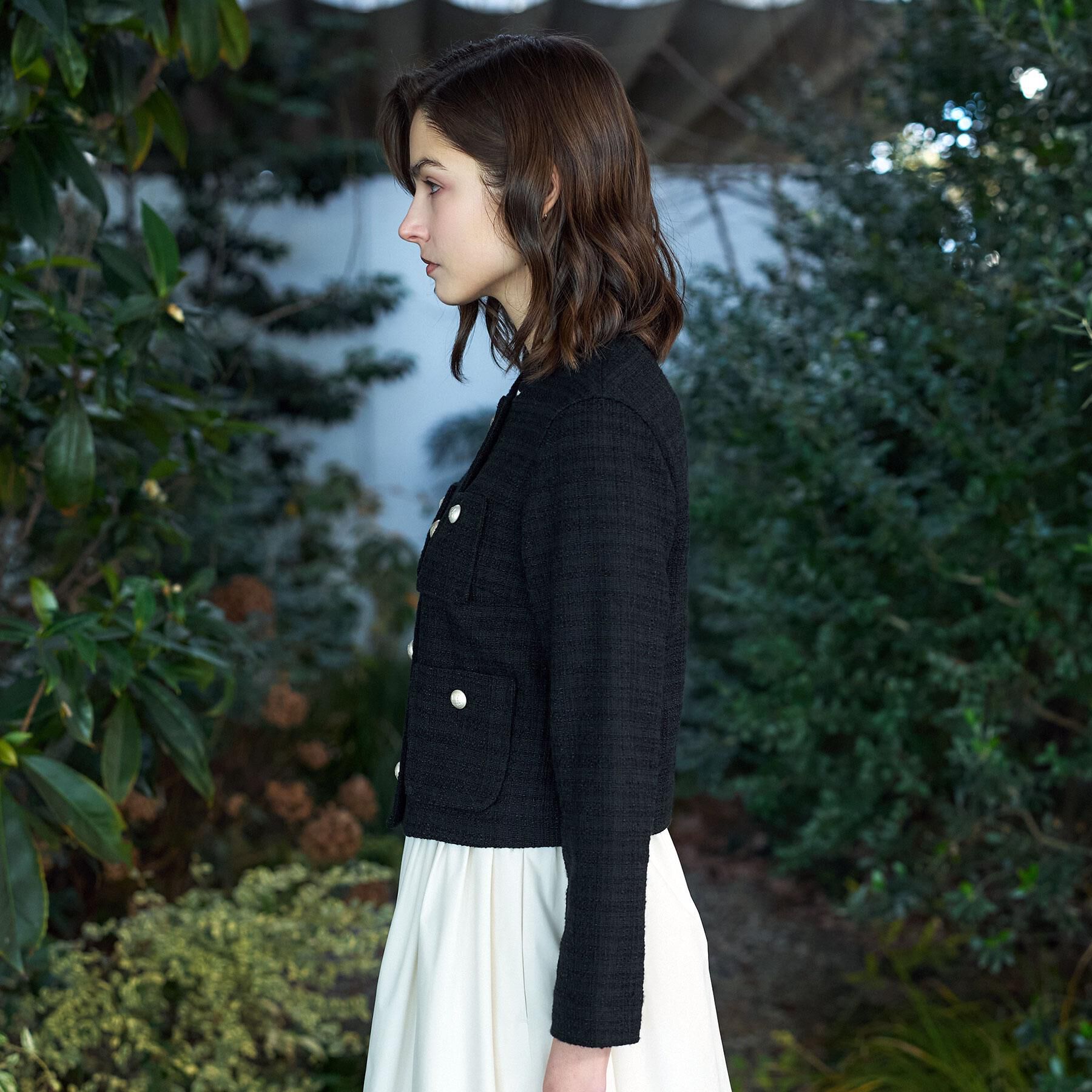 DRESSTERIOR「ブラックファンシーツイードジャケット」|ノーカラージャケット|