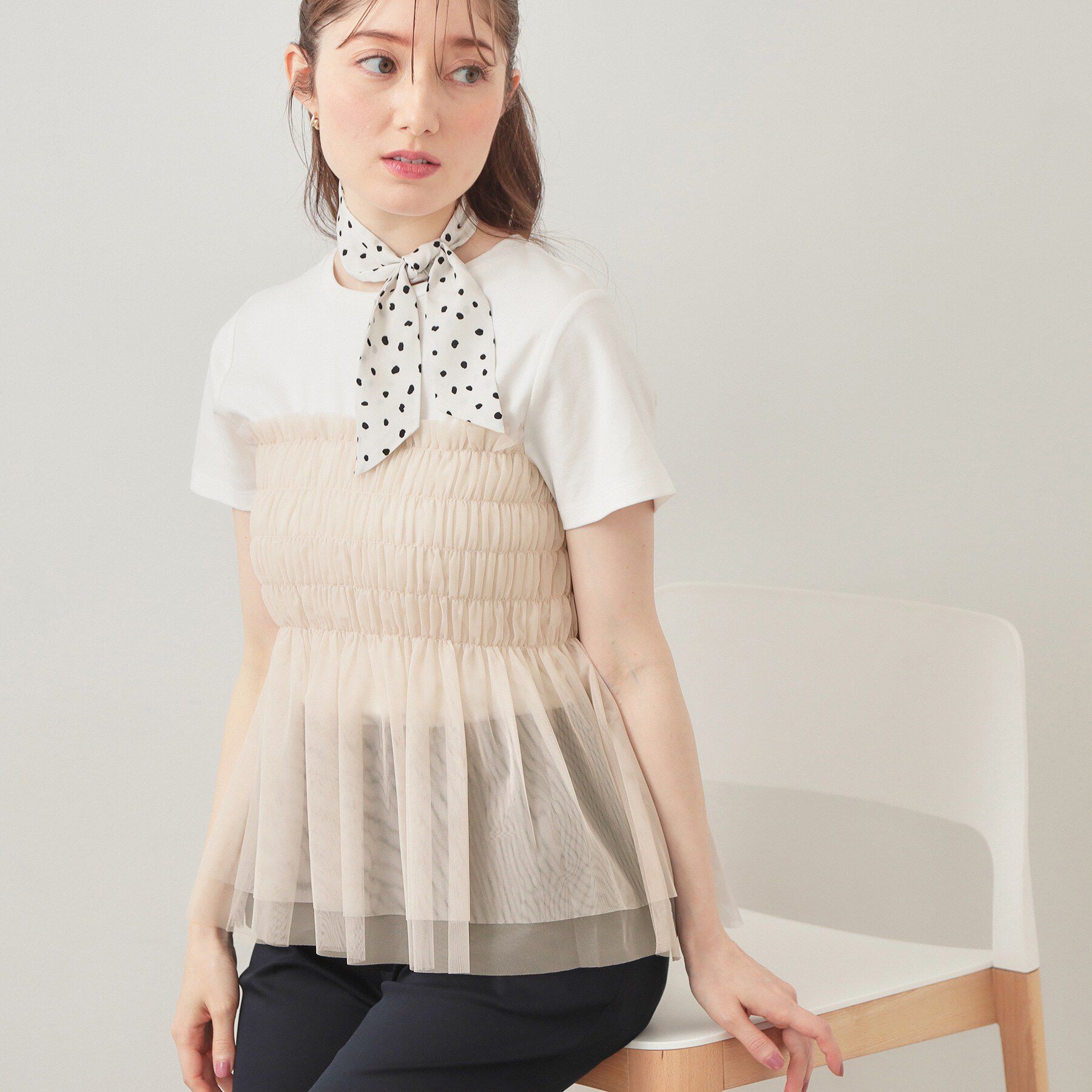 index「チュールペプラムトップス【洗濯機OK・接触冷感・UVケア】」|Tシャツ・カットソー|グレージュ(550)