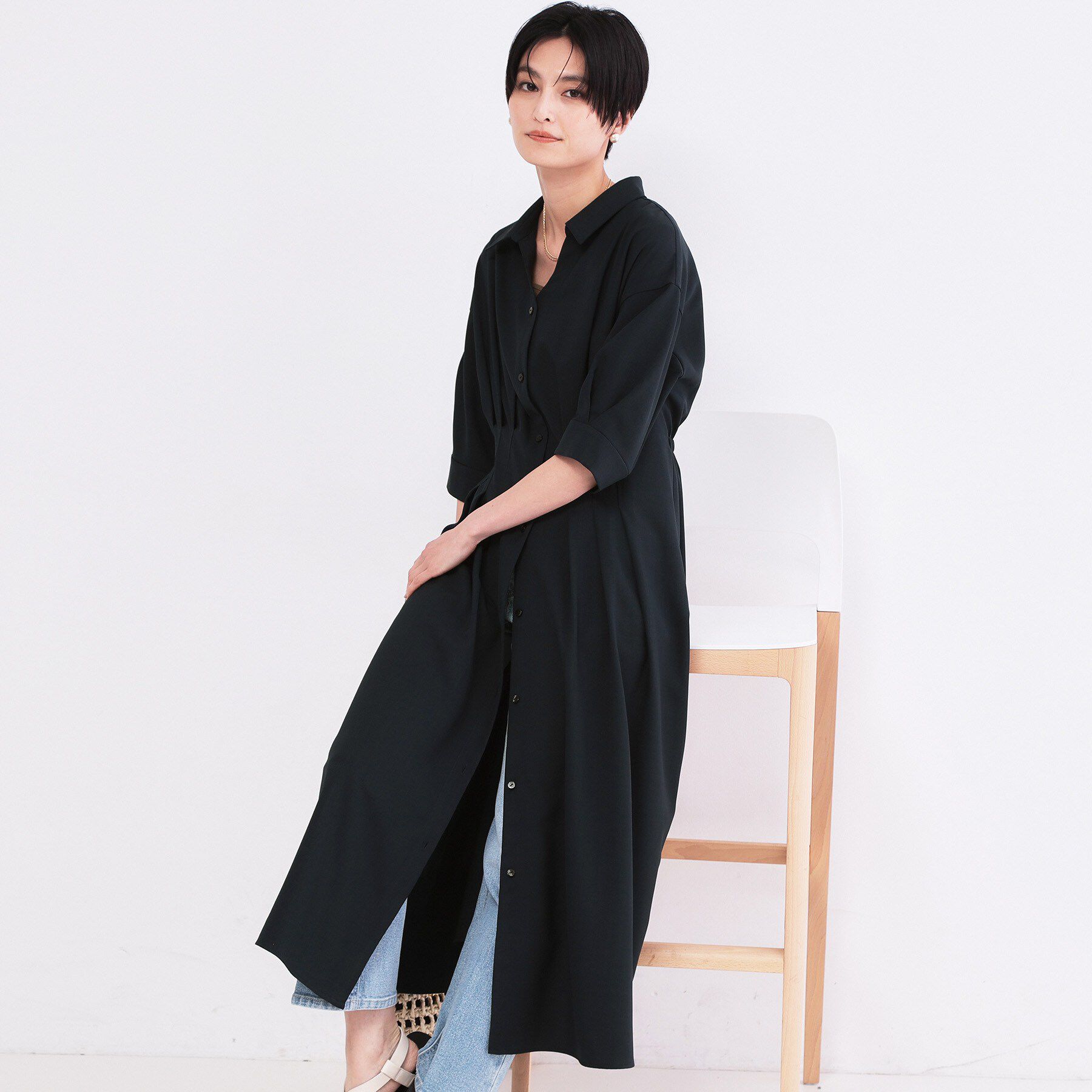 OPAQUE.CLIP「ウエストタック フレアワンピース【洗濯機OK／イージーアイロン】」|ワンピース|ネイビー(094)