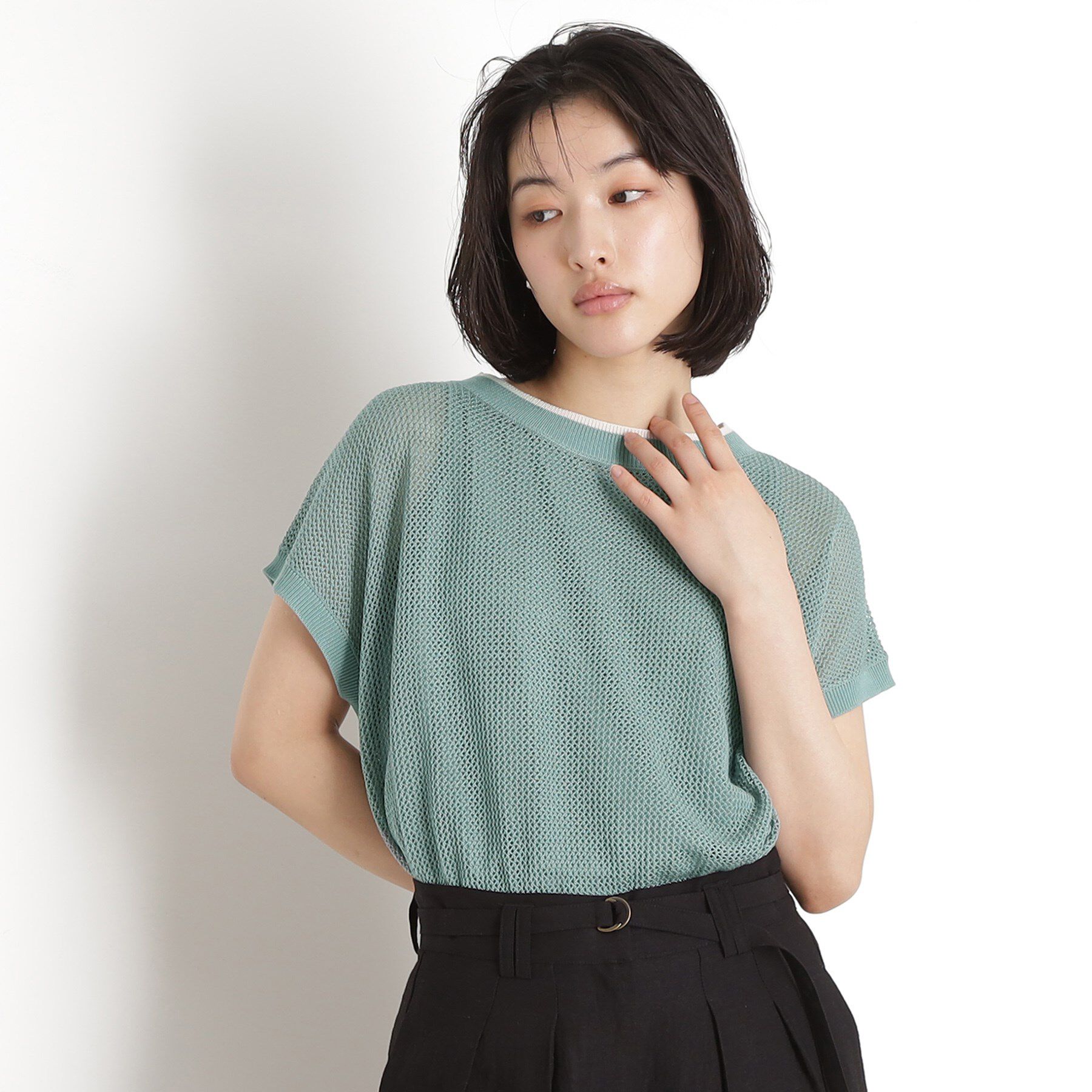 THE SHOP TK「フレンチスリーブメッシュニットタンクセット【洗える】」|その他|ブルー(091)