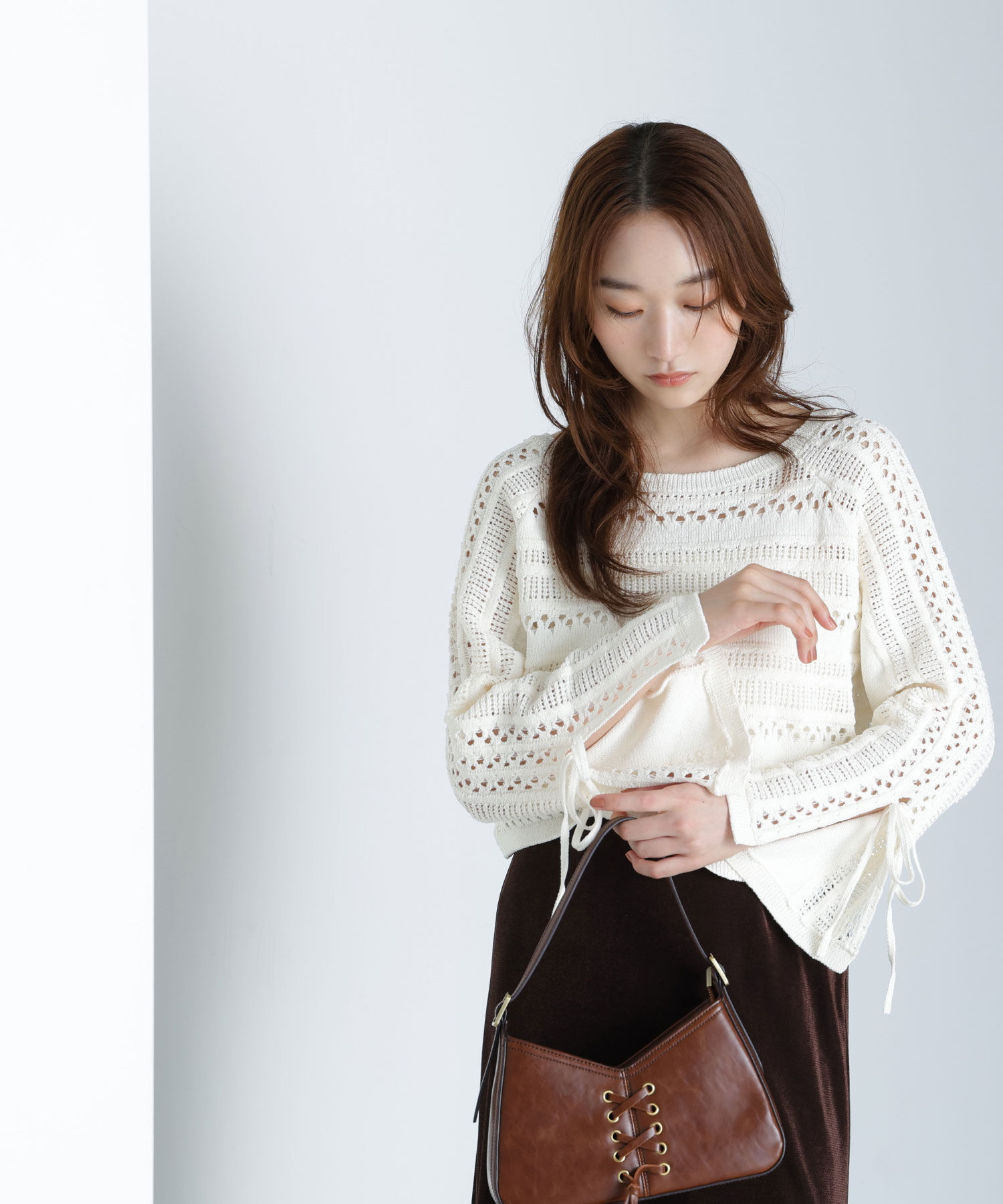  「透かし編みリボンスリーブニット」|ニット・セーター|