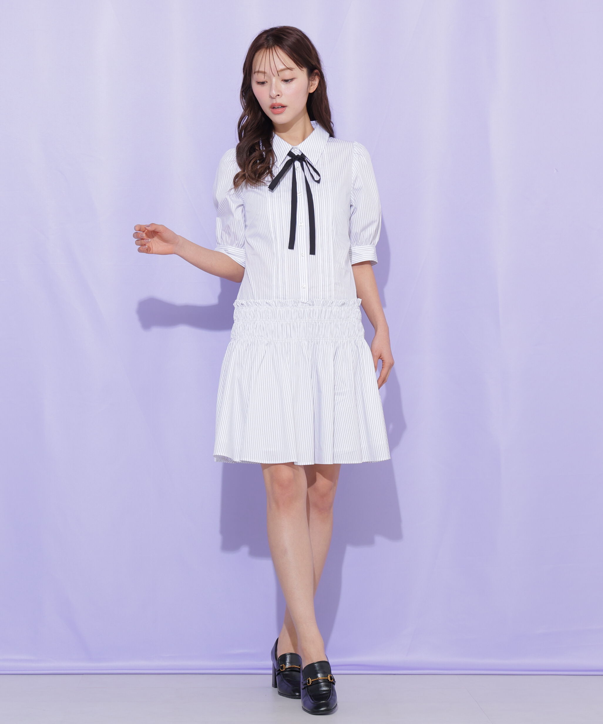  「シャーリングミニシャツワンピース」|ワンピース|