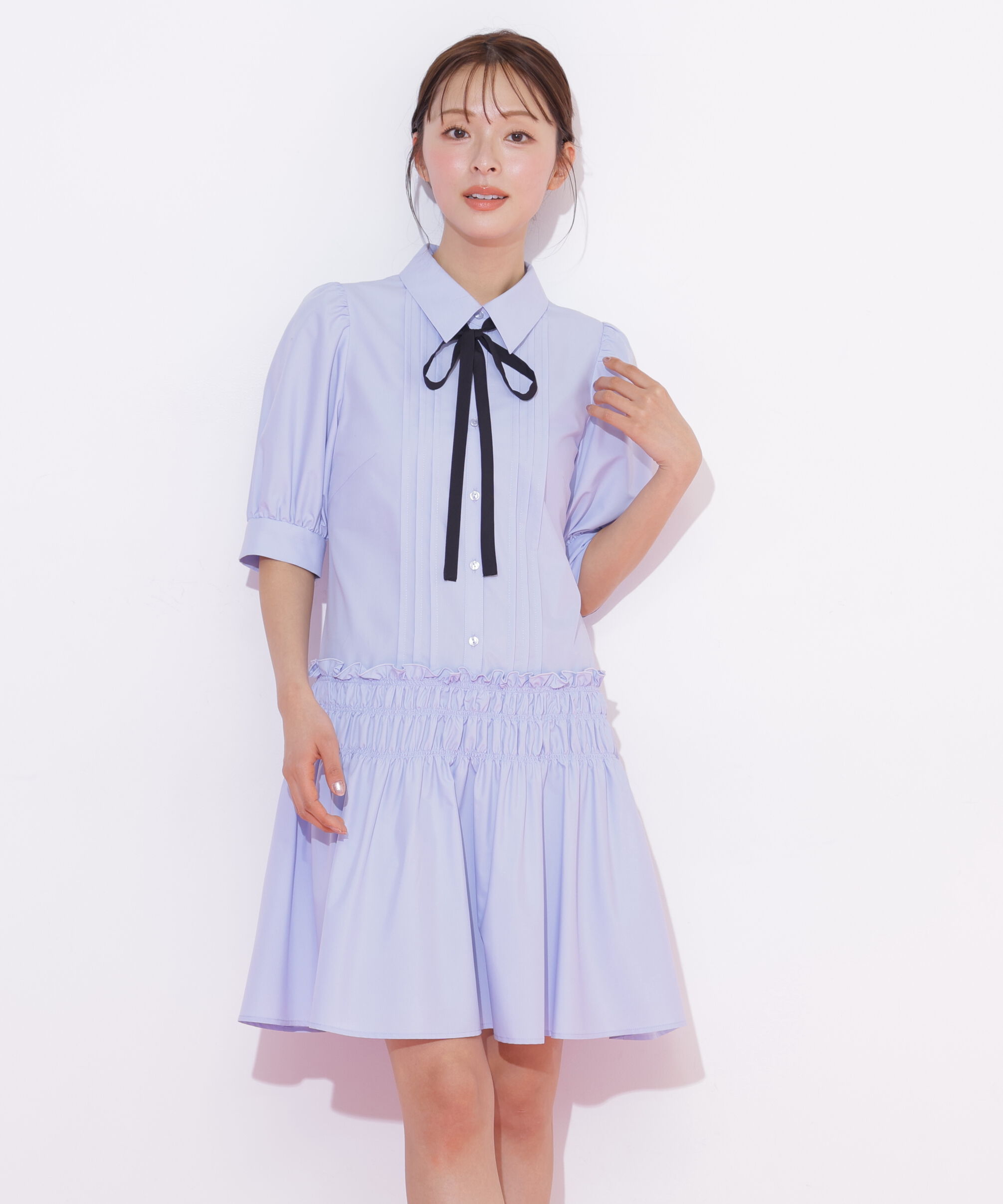  「シャーリングミニシャツワンピース」|ワンピース|