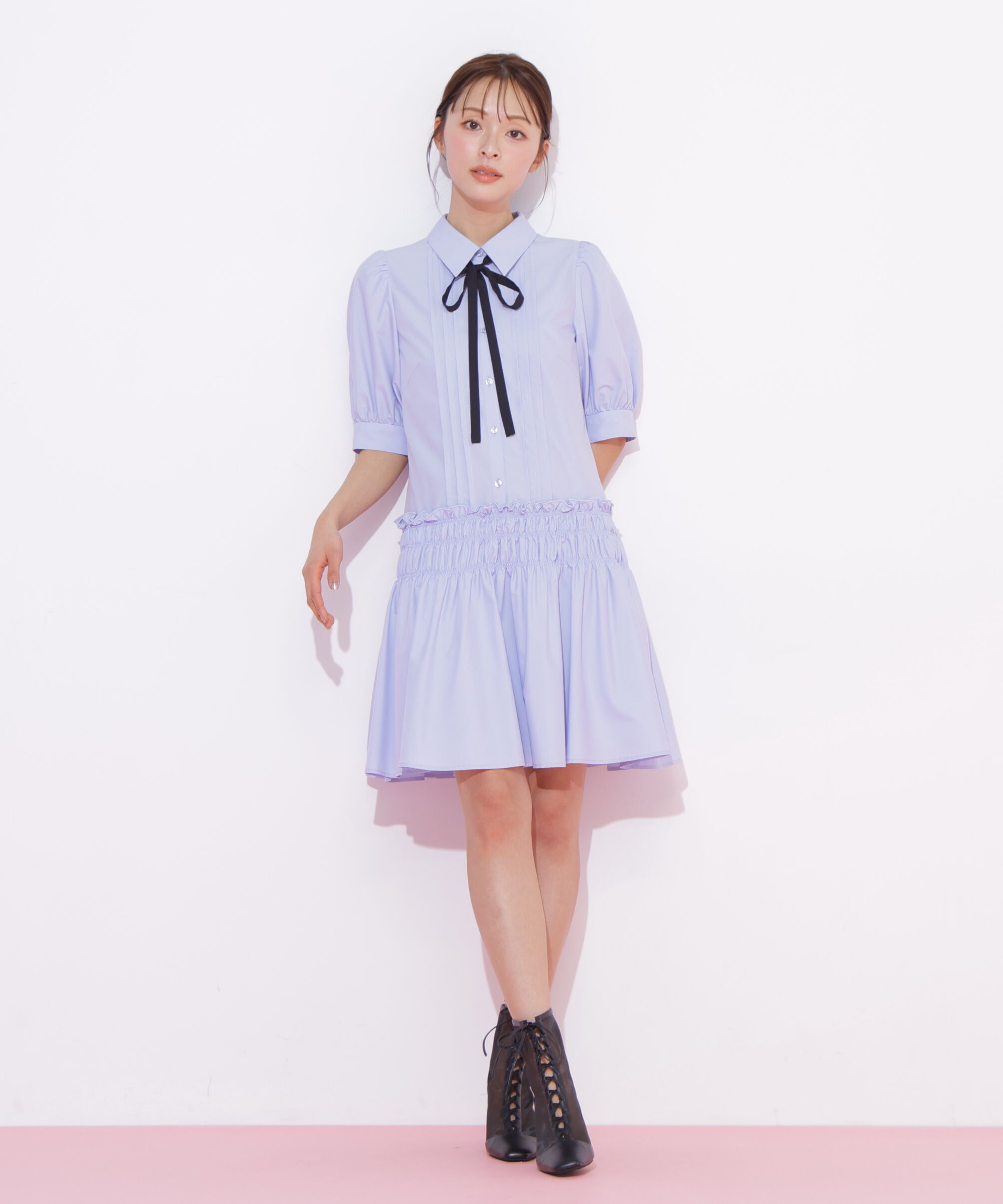  「シャーリングミニシャツワンピース」|ワンピース|