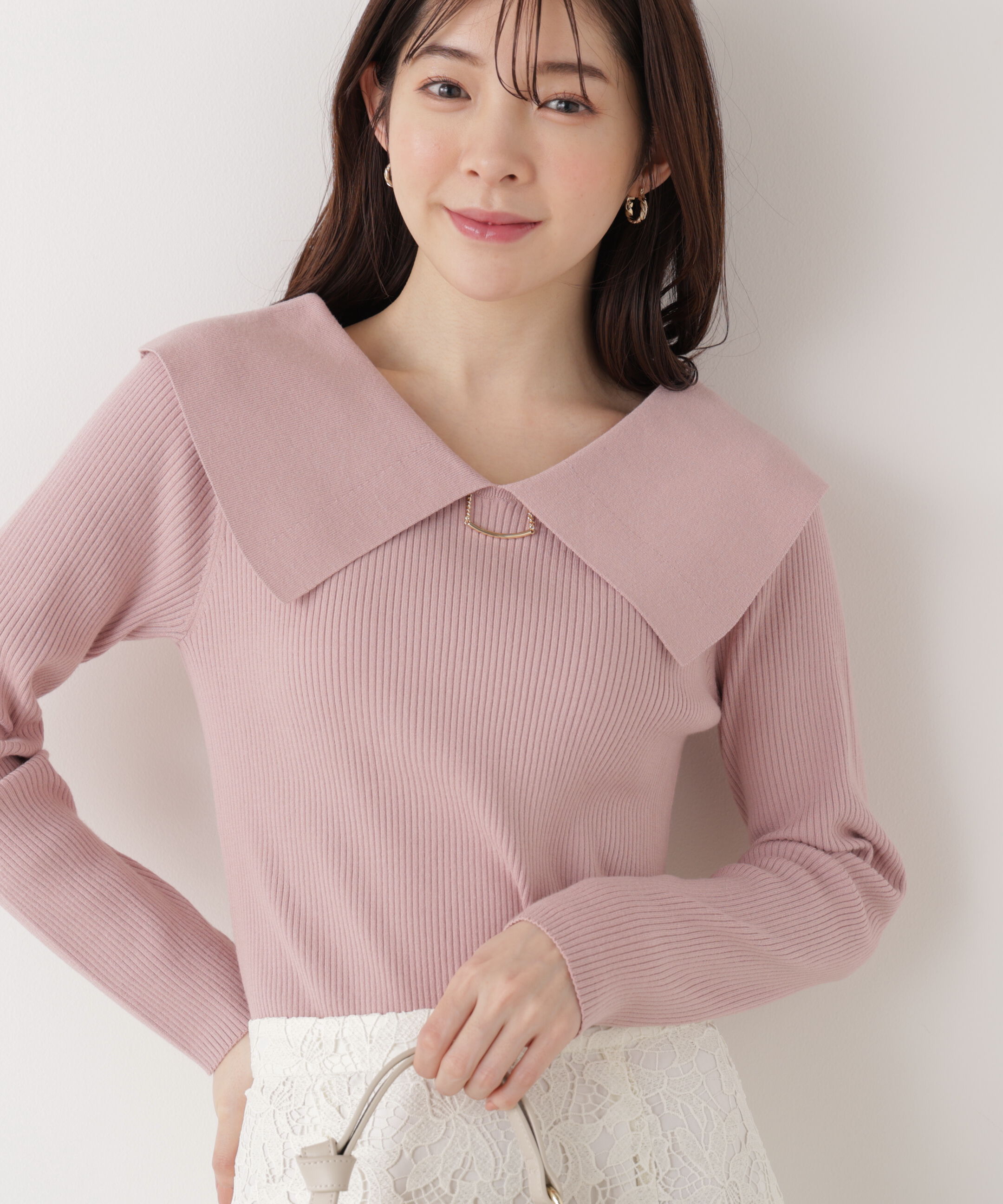 PROPORTION BODY DRESSING「バー付きビッグ襟ニット　26SS」|ニット・セーター|ピンク