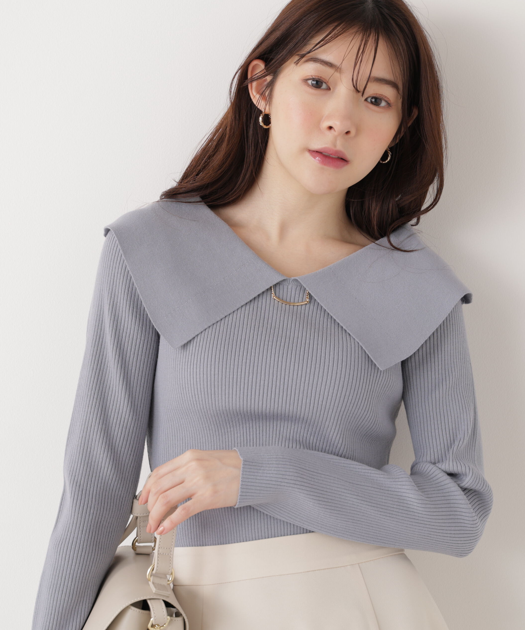 PROPORTION BODY DRESSING「バー付きビッグ襟ニット　26SS」|ニット・セーター|ブルー