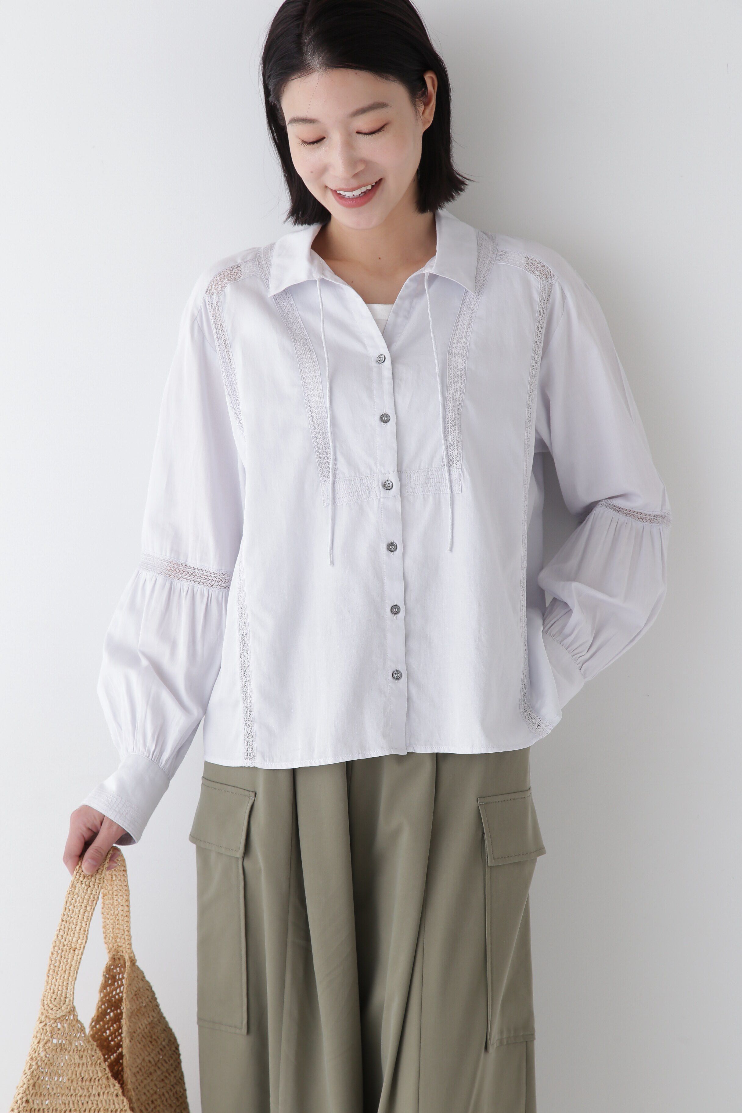  「◆コットンサテンインドスキッパーブラウス」|シャツ・ブラウス|ライトグレー