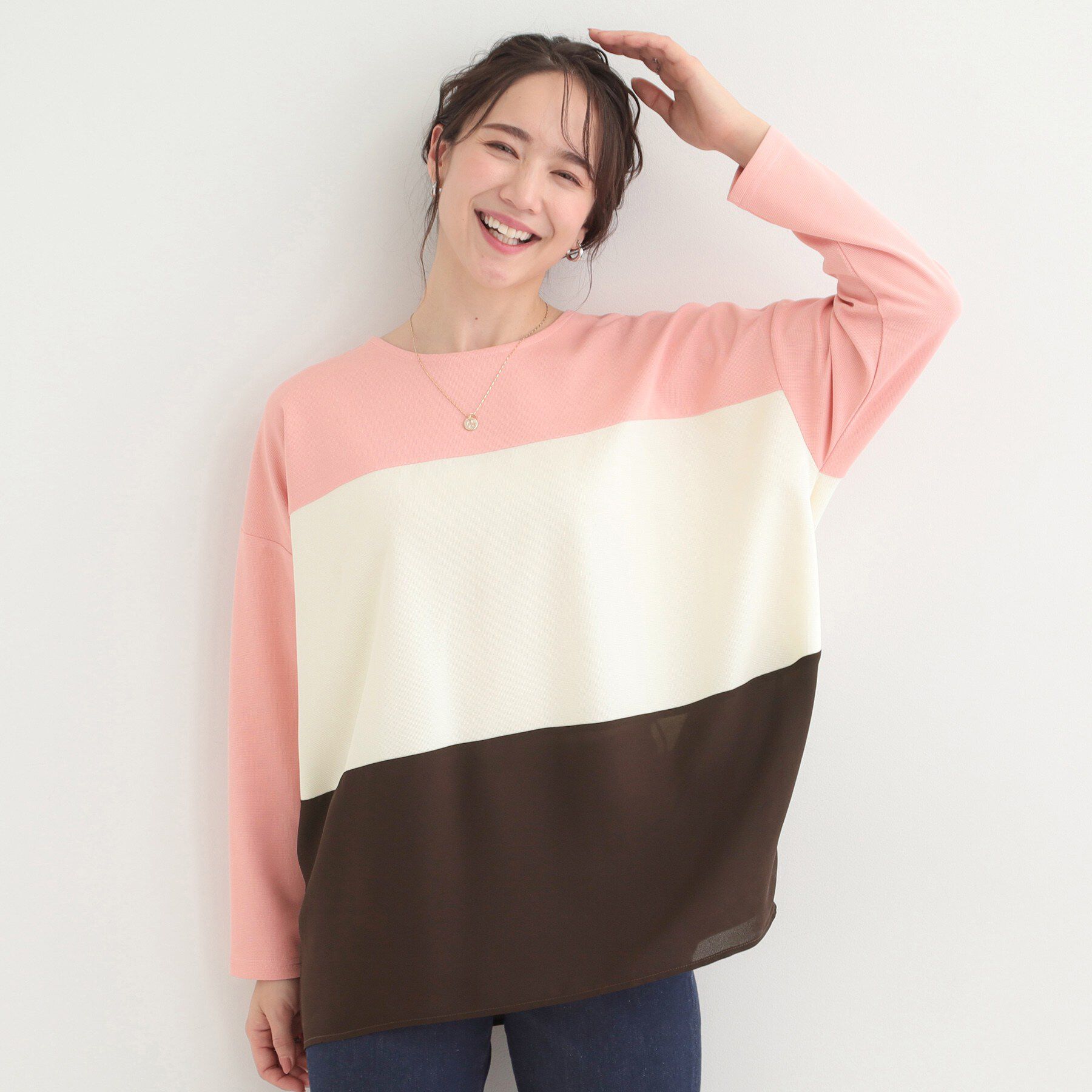 SHOO･LA･RUE「【洗濯機可/S-LL/体型カバー】インせず着られる 3段切替 配色トップス」|Tシャツ・カットソー|